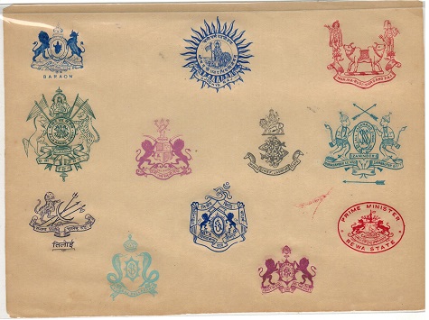 INDIA - 1920 (circa) range of 12 embossed crests of various states and departments applied on piece.