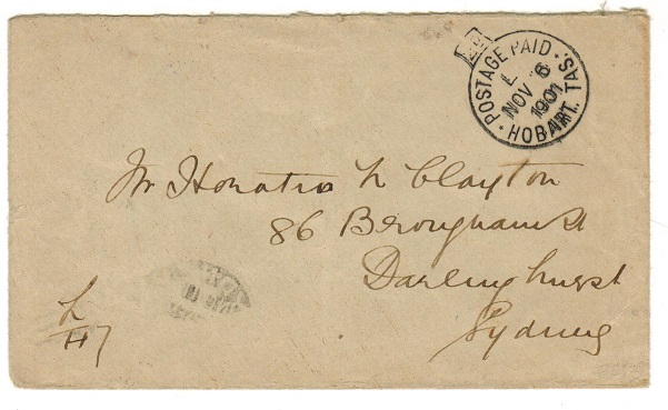 TASMANIA - 1901 stampless cover to Sydney cancelled POSTAGE PAID/HOBART.