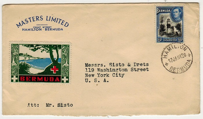 BERMUDA - 1942 3d rate commercial cover to USA with BERMUDA/RED CROSS label applied.