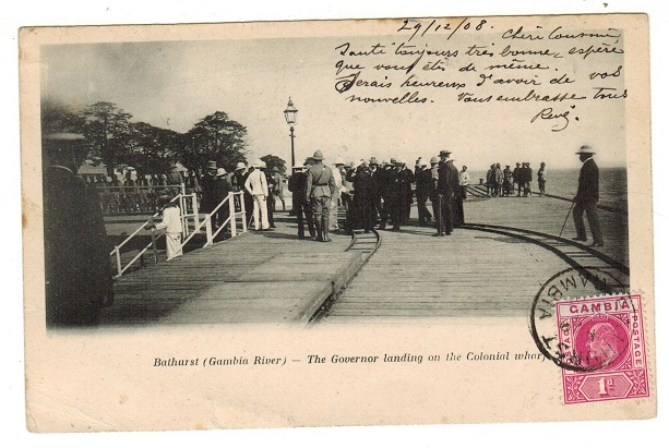 GAMBIA - 1908 1d rate postcard use to France used at BATHURST.