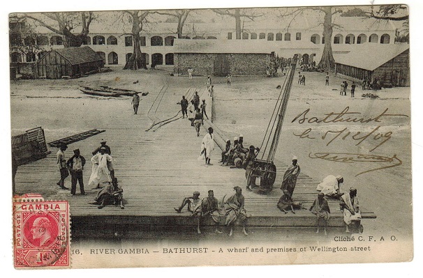 GAMBIA - 1909 1d rate postcard use to France used at BATHURST.