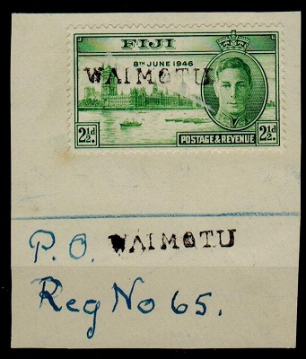 FIJI - 1946 2 1/2d (SG 268) tied to piece by WAIMOTU handstamp.