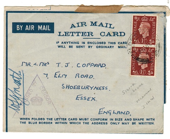 SIERRA LEONE - 1941 use of FORMULA air letter to UK used at FPO 41 and censored.