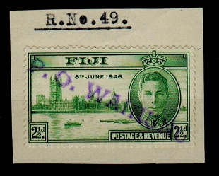 FIJI - 1946 2 1/2d (SG 268) tied to piece by P.O.WAINUNU h/s in violet.