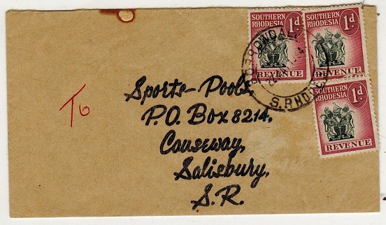 SOUTHERN RHODESIA - 1954 local cover bearing 1d (x3) 