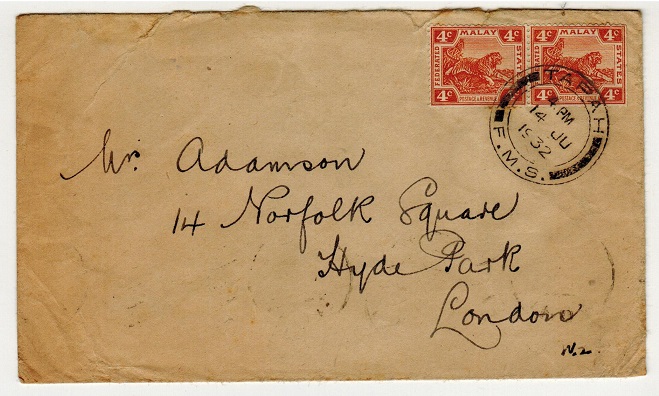 MALAYA - 1932 4c rate cover to UK used at TAPAH.