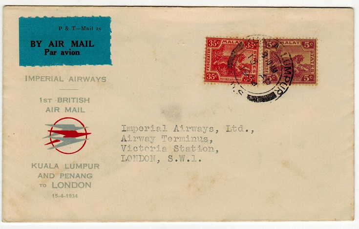 MALAYA - 1934 first flight cover to UK from Kuala Lumpur.