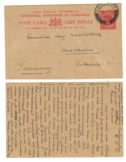 TANGANYIKA - 1927 15c red PSC to Germany used at KOROGWE.  H&G 3.
