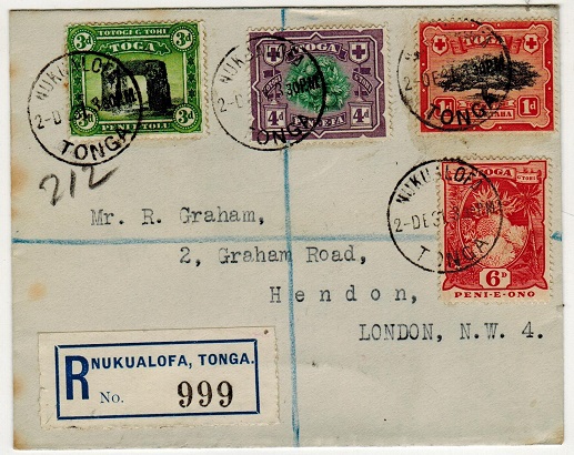 TONGA - 1931 multi franked registered cover to UK used at NUKUALOFA.