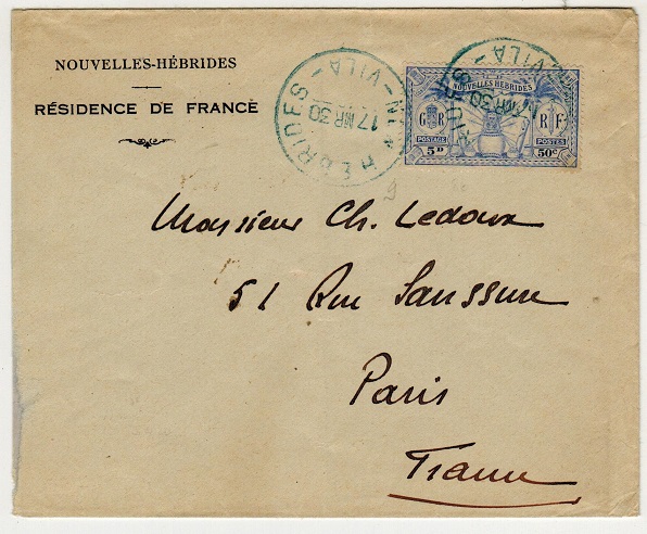 NEW HEBRIDES - 1930 5d rate cover to France used at VILA with strike in 
