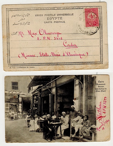 IRAQ - 1908 20p rate use of postcard to USA (scarce) used at MOUSSOUL.
