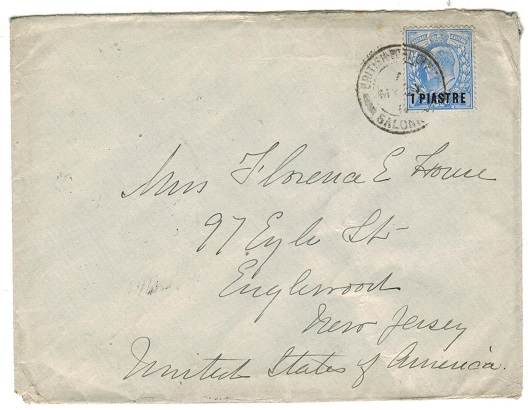 BRITISH LEVANT - 1911 1p rate cover to USA used at SALONICA.