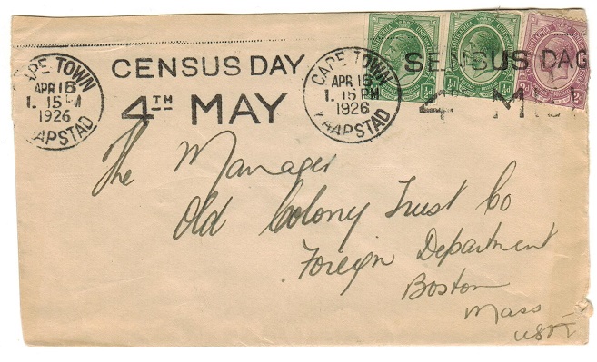 SOUTH AFRICA - 1926 3d rate cover to USA with CENSUS DAY slogan strike from CAPE TOWN.