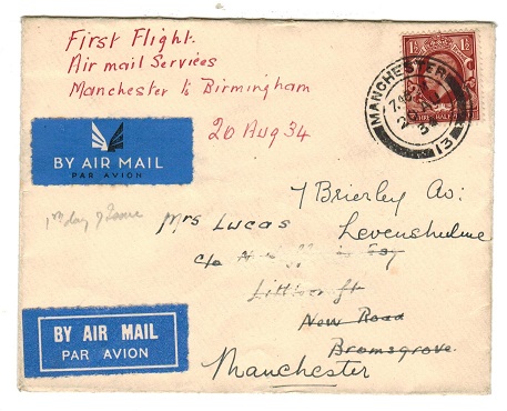 GREAT BRITAIN - 1934 Manchester to Birmingham first flight cover.