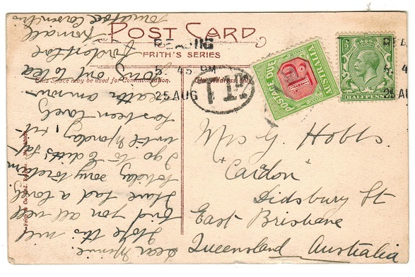 AUSTRALIA - 1930 (circa) inward underpaid postcard from UK with 1d 