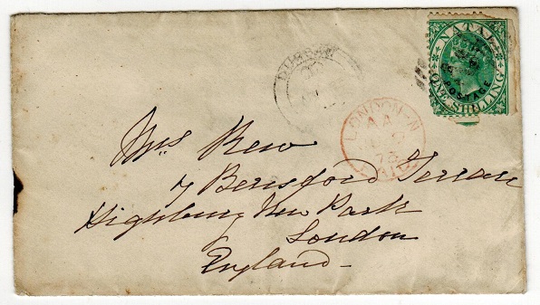 NATAL - 1873 1/- rate cover addressed to UK used at DURBAN.
