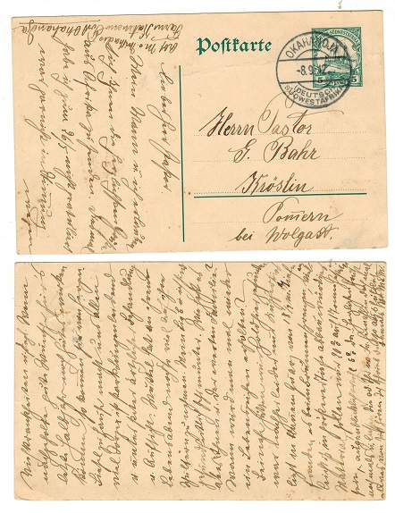 SOUTH WEST AFRICA - 1912 5pfg green PSC to Germany used at OKAHANDJA.  H&G 19.