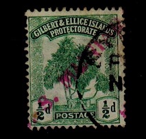 GILBERT AND ELLICE IS - 1911 1/2d (SG 8) struck by part red S.S.MUNIARA maritime handstamp.