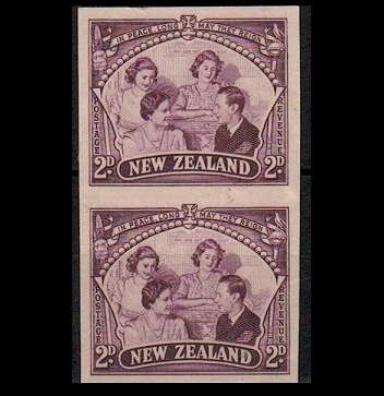 NEW ZEALAND - 1946 2d IMPERFORATE PLATE PROOF pair printed in purple.