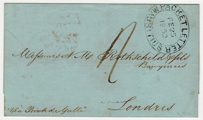MAURITIUS - 1852 stampless outer wrapper to UK cancelled PACKET LETTER/MAURITIUS.