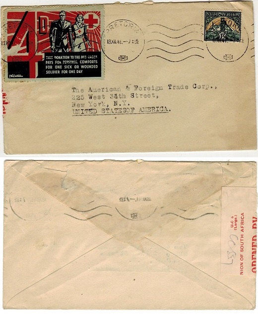 SOUTH AFRICA - 1941 1 1/2d rate censor cover to USA with 4d/RED CROSS label tied at PRETORIA.