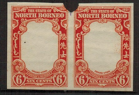 NORTH BORNEO - 1931 6c IMPERFORATE PLATE PROOF pair (SG type 74) of the frame in orange.