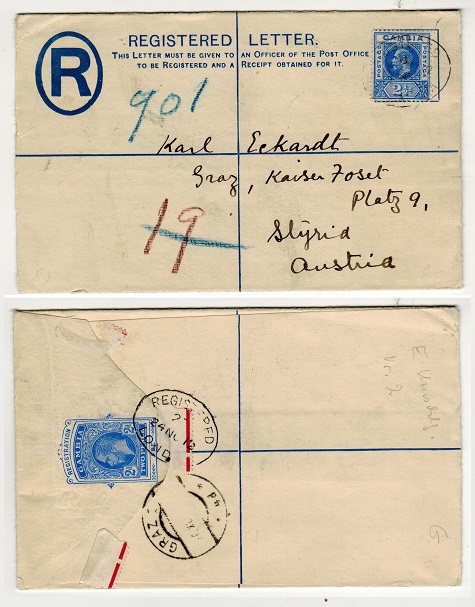 GAMBIA - 1912 2d ultramarine RPSE (size G) to Austria uprated  with 2 1/2d adhesive.  H&G 2a.