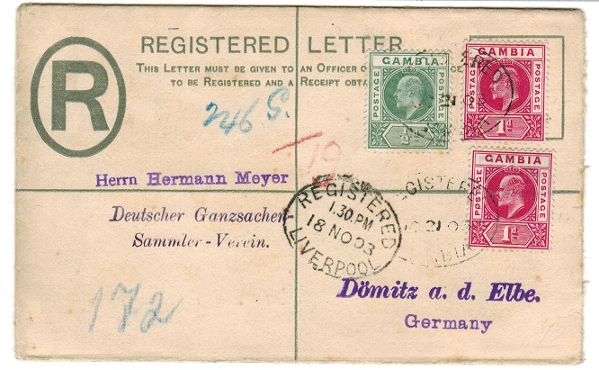 GAMBIA - 1902 2d ultramarine RPSE (size F) uprated to Germany.  H&G 1.