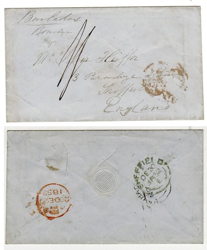 BARBADOS - 1852 stampless 2/- rated cover to UK with BARBADOS double arc cancel on reverse.
