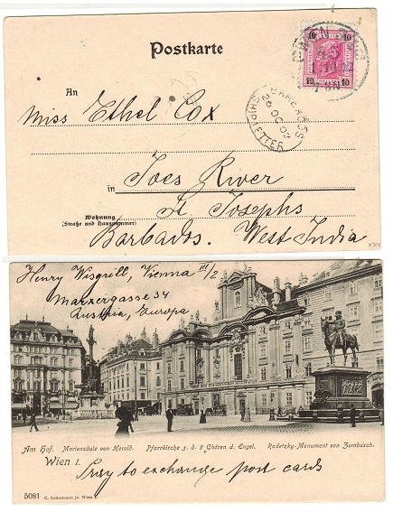 BARBADOS - 1902 inward postcard from Austria with scarce BARBADOS/SHIP LETTER cancel applied.