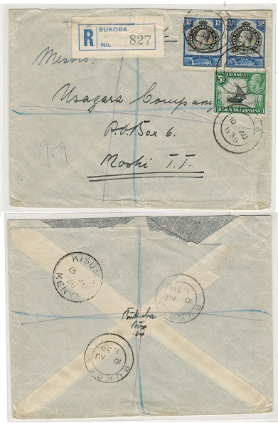 K.U.T. - 1936 65c rate registered cover used locally at BUKOBA.