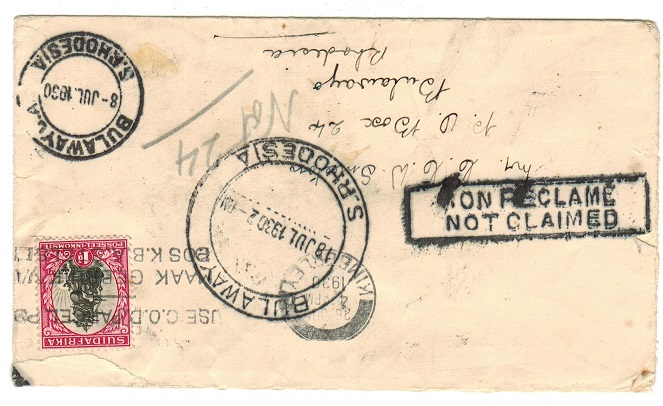 SOUTHERN RHODESIA - 1930 inward NOT CLAIMED cover from South Africa.
