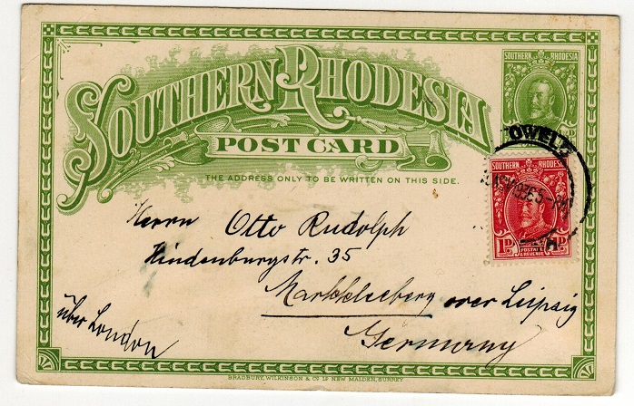 SOUTHERN RHODESIA - 1931 1/2d green PSC to Germany used at GWELO.  H&G 3.