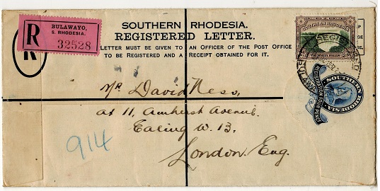 SOUTHERN RHODESIA - 1931 4d dark blue RPSE 
(size H2) to UK used at REGISTERED/BULAWAYO.  H&G 2a.
