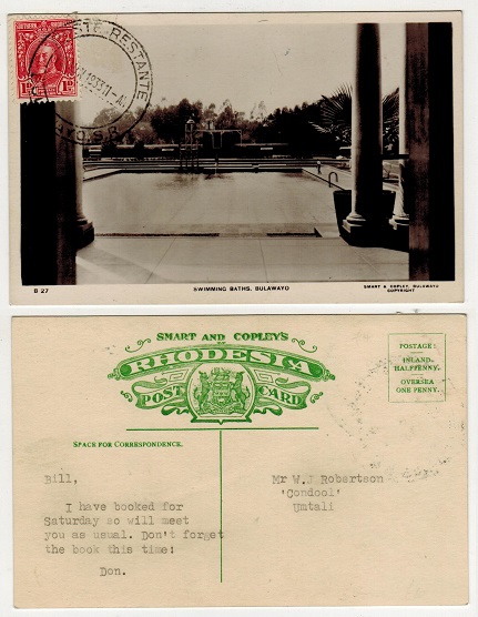 SOUTHERN RHODESIA - 1933 1d rate postcard use to Umtali used at POSTE RESTANTE/BULAWAYO.