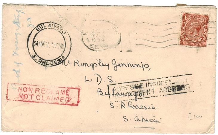 SOUTHERN RHODESIA - 1934 inward NOT CLAIMED cover from UK.