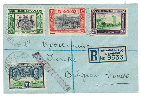SOUTHERN RHODESIA - 1940 registered cover to Belgian Congo with PASSED BY CENSOR h/s.