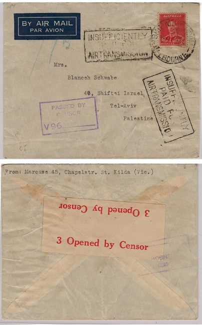 AUSTRALIA - 1941 censor cover to Palestine with INSUFFICIENTLY PAID FOR AIR TRANSMISSION h/s.