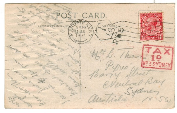 AUSTRALIA - 1931 Inward postcard with 
