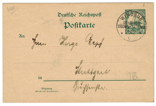 SOUTH WEST AFRICA - 1900 5pfg green PSC to Germany used at WINDHUK.  H&G 13.
