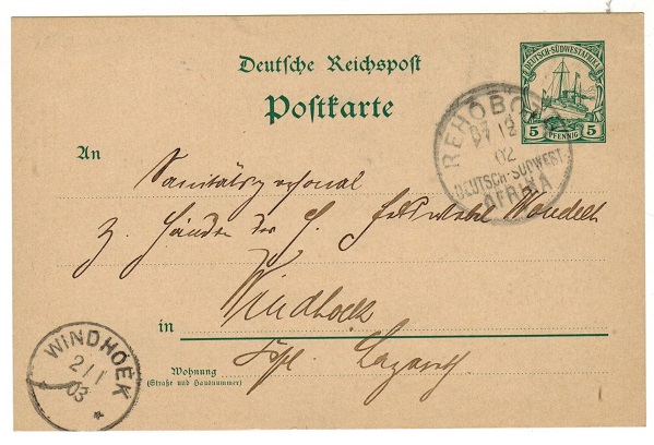 SOUTH WEST AFRICA - 1900 5pfg green PSC to Germany used at REHOBOTH.  H&G 13.