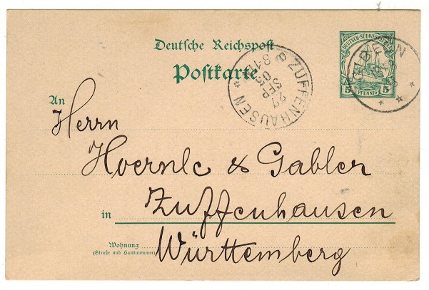 SOUTH WEST AFRICA - 1900 5pfg green PSC to Germany used at GIBEON.  H&G 13.