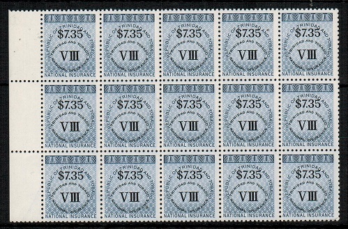 TRINIDAD AND TOBAGO - 1980 (circa) $7.35 grey blue NATIONAL INSURANCE U/M block of 15.