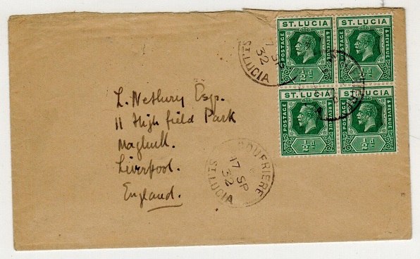 ST.LUCIA - 1932 2d rate cover to UK used at SOUFRIERE.