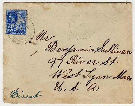 BARBADOS - 1913 2 1/2d rate cover to USA used at CHRIST CHURCH.