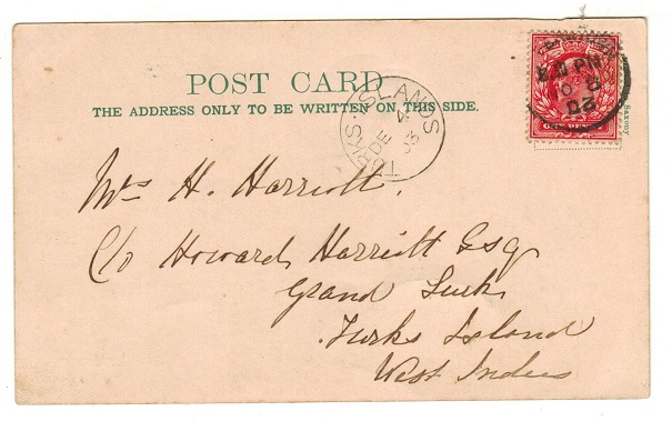 TURKS AND CAICOS IS - 1903 inward postcard from UK with TURKS ISLAND cds arrival applied.