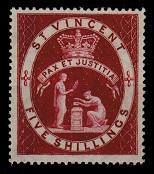 ST.VINCENT - 1885 5/- lake in fine mint condition.  SG 53.