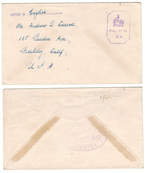 JAMAICA - 1942 stampless INTERNMENT CAMP 