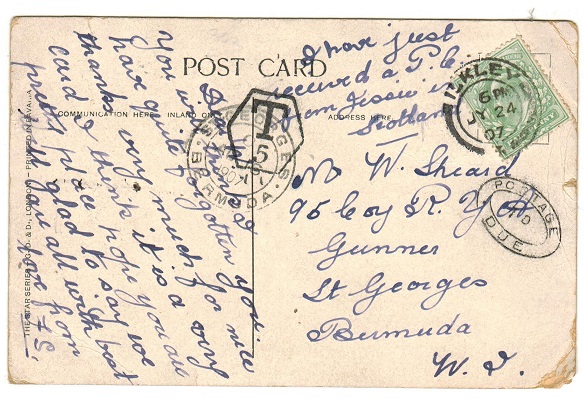 BERMUDA - 1907 inward underpaid postcard from UK with POSTAGE/1d/DUE h/s applied.