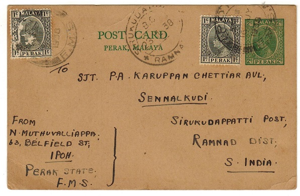 MALAYA - 1936 2c green PSC uprated to India used at IPOH.  H&G 6.